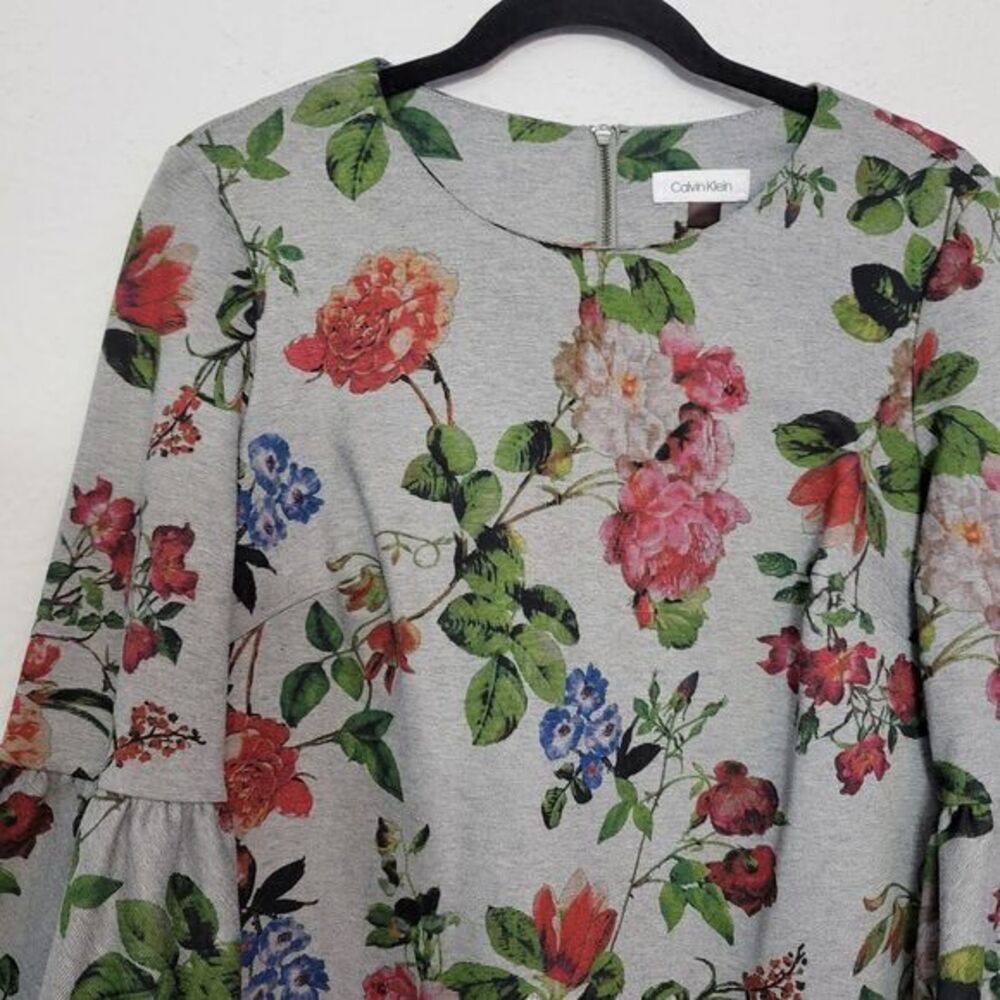 Calvin Klein Dress 12 Gray Floral Bell‎ Sleeves Zip - Picture 2 of 8